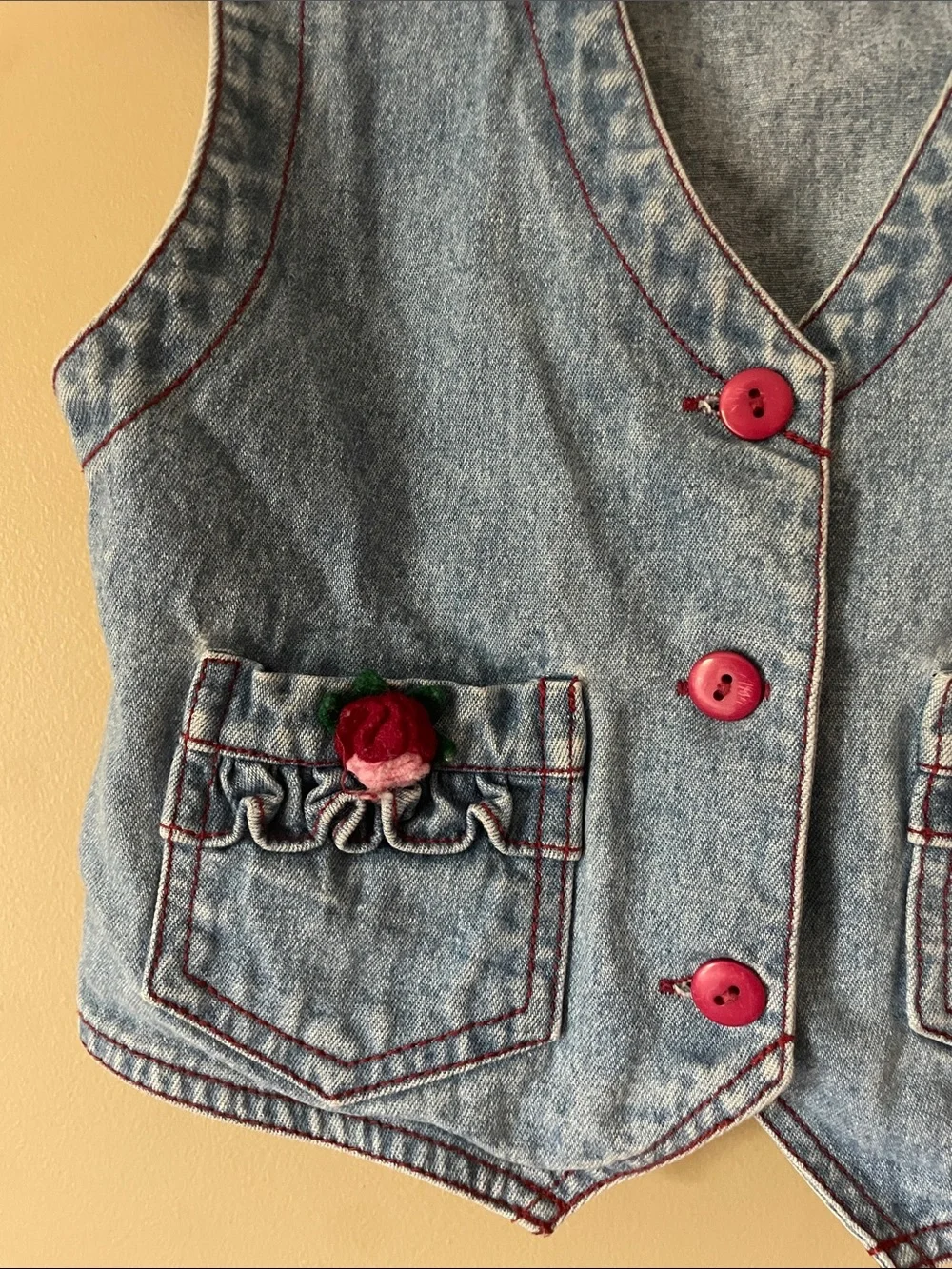 Vintage Light Wash Denim Vest with Pink Topstitching and floral accent